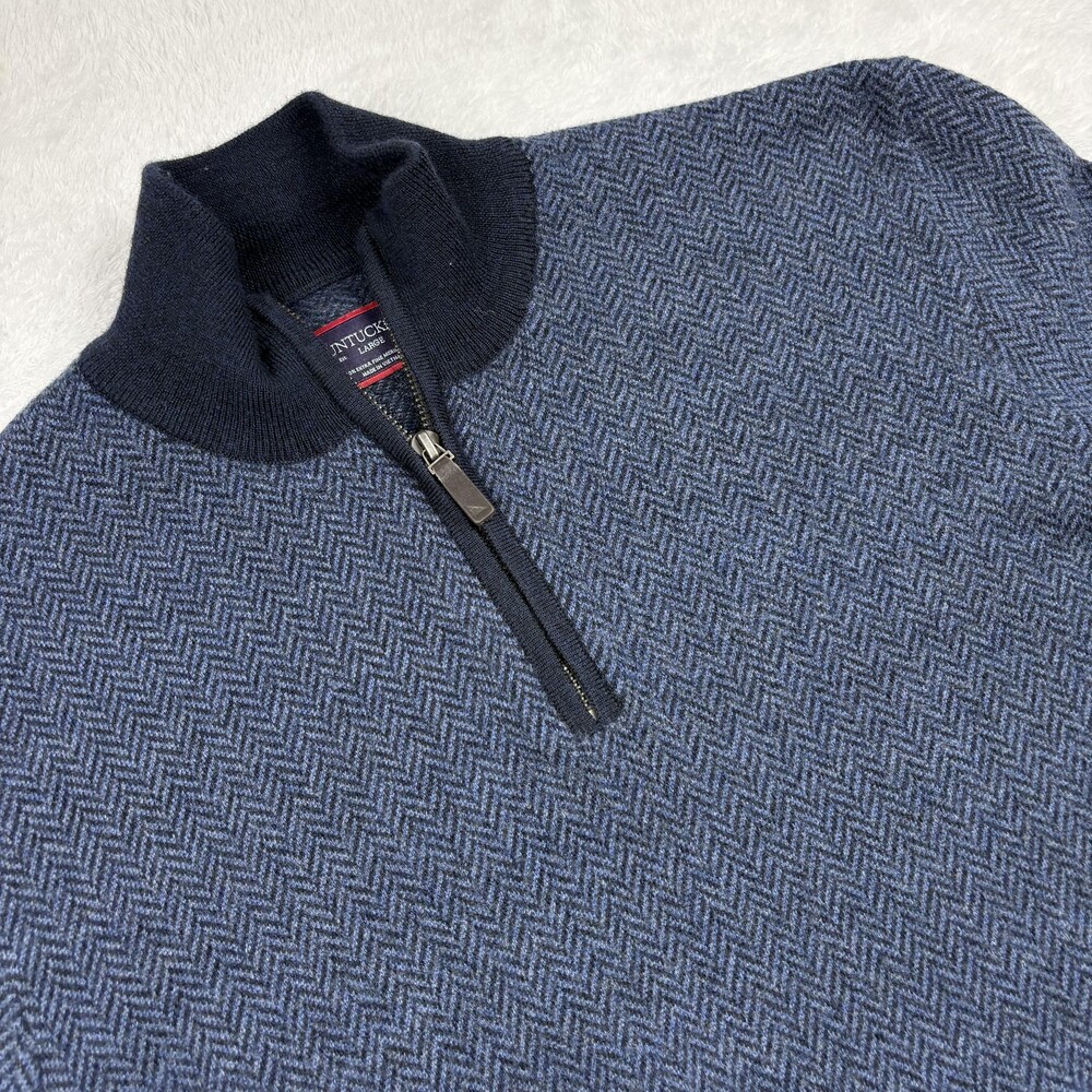 UNTUCKit Pullover Mens L Blue 1/4 Zip Mock Neck Merino Wool Herringbone